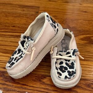 Hey Dude Kids Moccasins with Leopard Print and Cream Accents